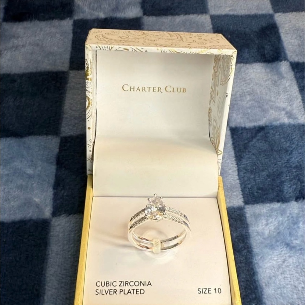 Charter Club Cubic Zirconia Ring Set – Silver Plated, Size 10